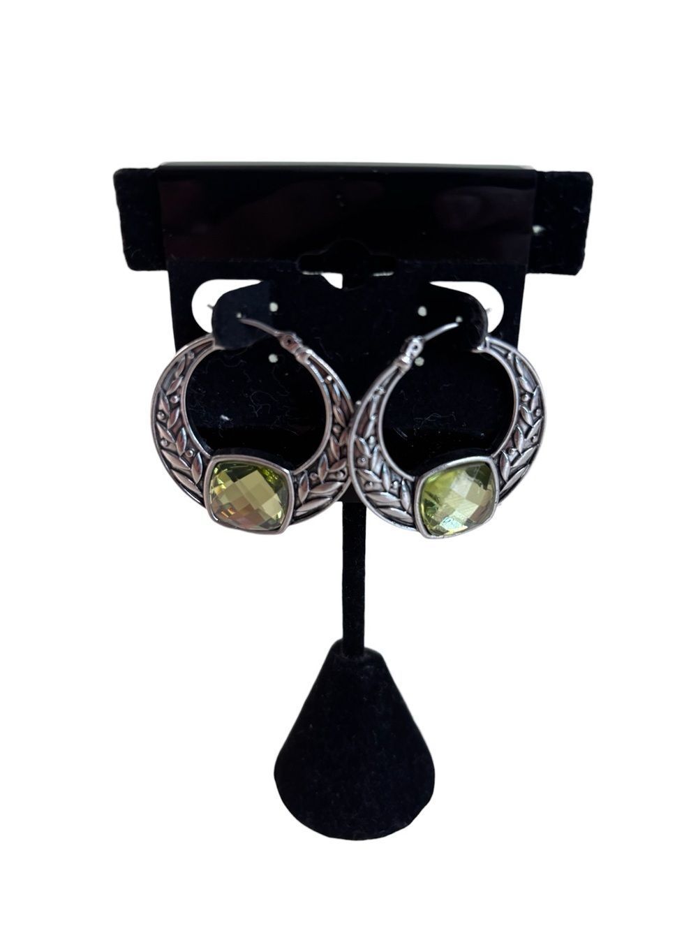 Vintage Crescent Hoops w/ Cushion Cut Faceted Green Stone Center.